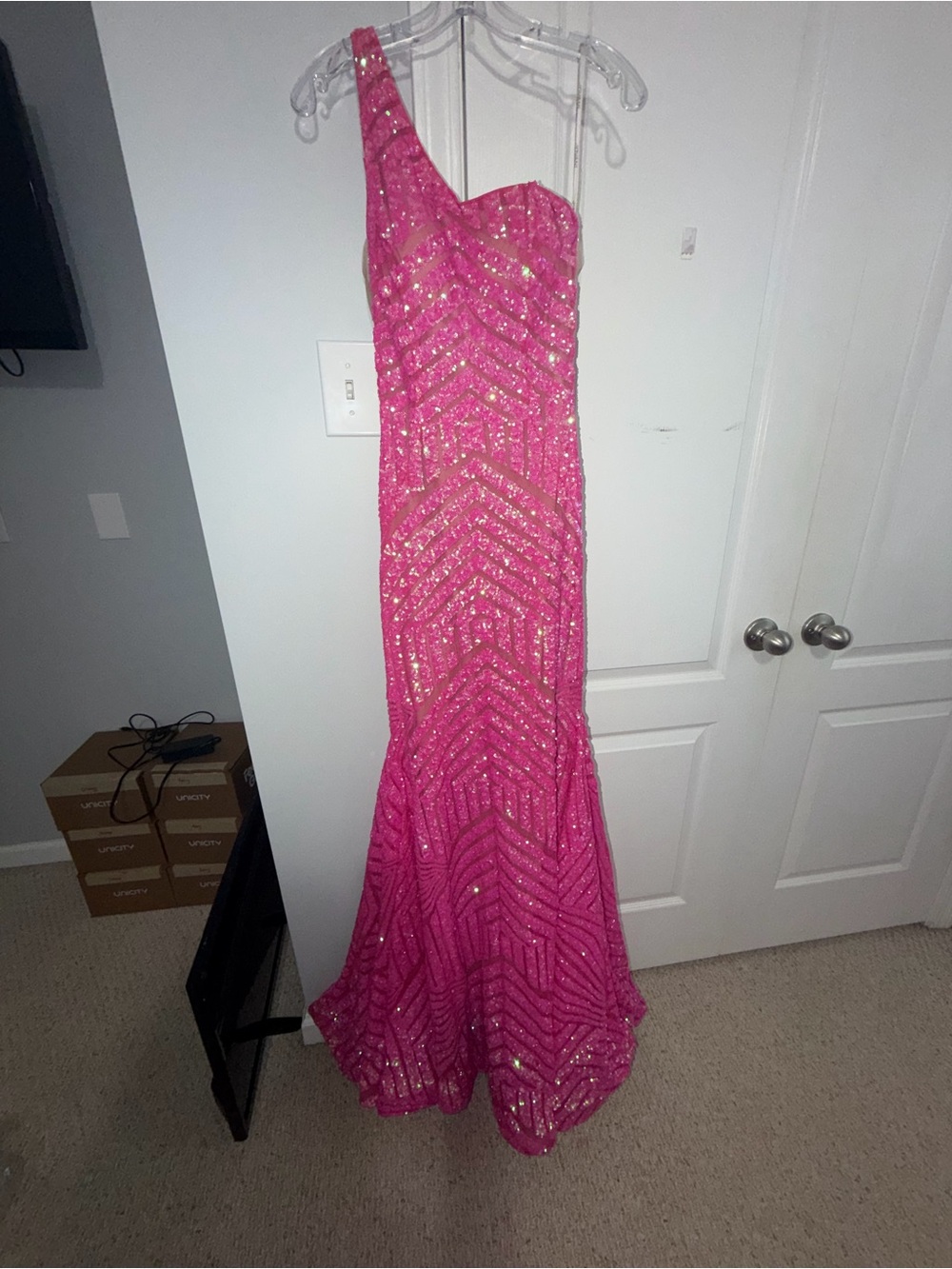 JOVANI One-Shoulder Hot Pink Sequin Evening Gown